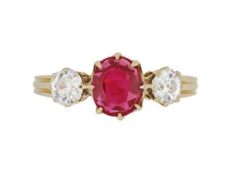Burmese ruby and diamond three stone ring, circa 1900.