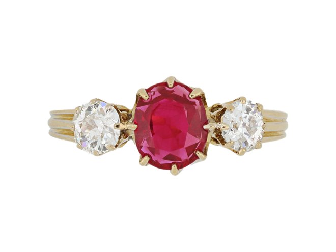 Burmese ruby and diamond three stone ring, circa 1900.
