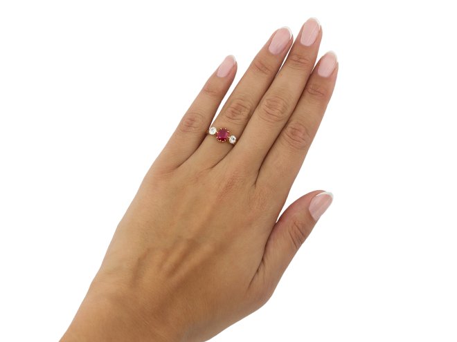 Burmese ruby and diamond three stone ring, circa 1900.