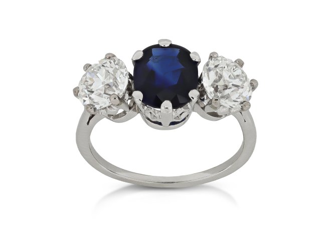 Sapphire and diamond three stone ring, circa 1930.