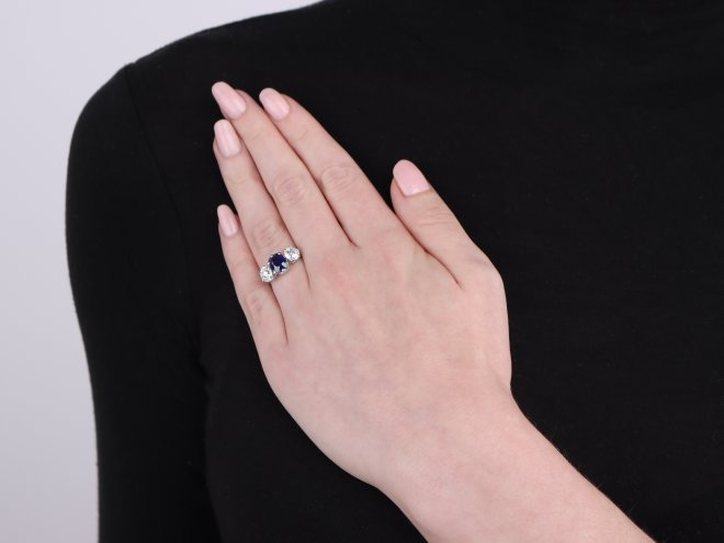 Sapphire and diamond three stone ring, circa 1930.