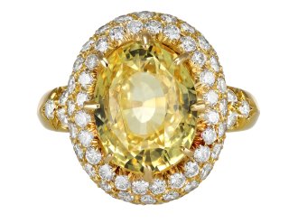Yellow Ceylon sapphire and diamond cluster ring, French, circa 1970.
