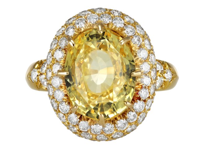 Yellow Ceylon sapphire and diamond cluster ring, French, circa 1970.