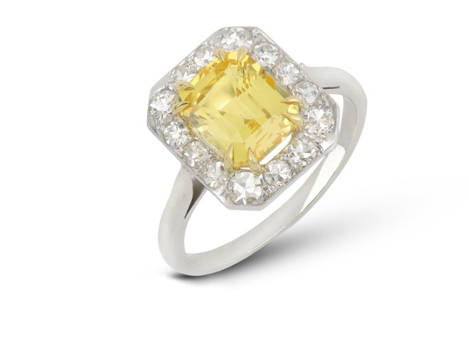 Yellow Ceylon sapphire and diamond cluster ring, circa 1920.