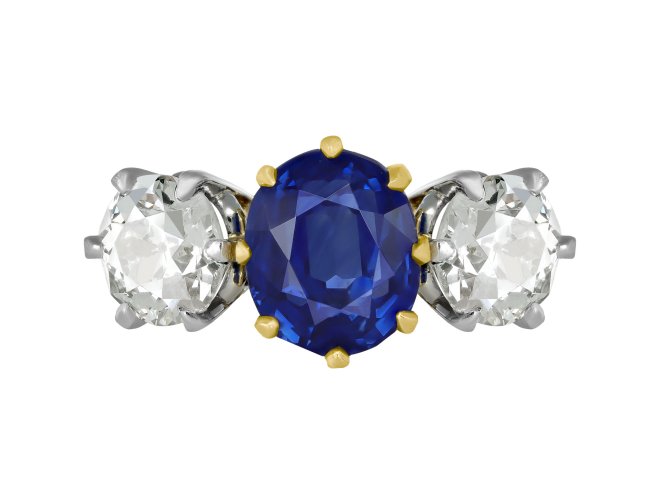 Ceylon sapphire and diamond three stone ring, circa 1910. 