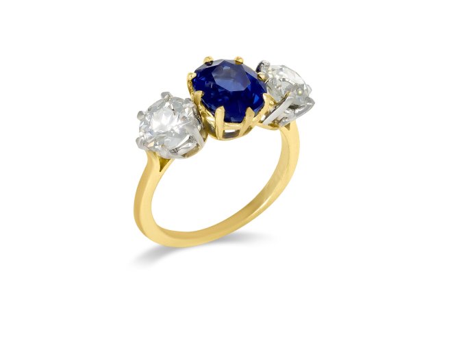 Ceylon sapphire and diamond three stone ring, circa 1910. 