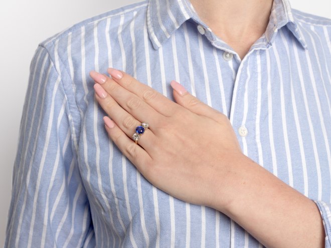 Ceylon sapphire and diamond three stone ring, circa 1910. 