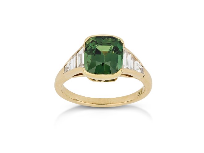 Teal sapphire and diamond flanked solitaire ring, circa 1970.