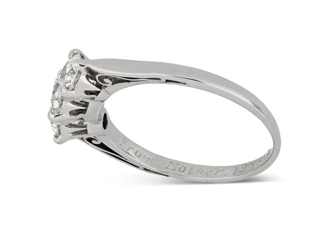 Old cut diamond three stone ring, circa 1930s.