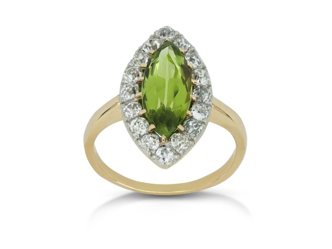 Peridot and diamond marquise cluster ring, circa 1900.