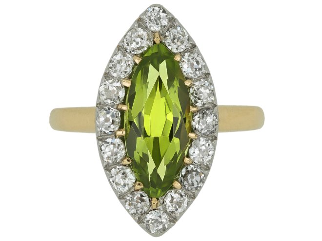 Peridot and diamond marquise cluster ring, circa 1900.