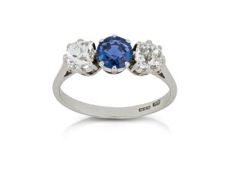 Sapphire and diamond three stone ring, English, circa 1920.
