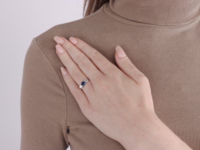 Sapphire and diamond three stone ring, circa 1920.
