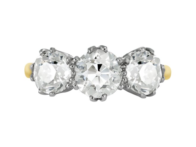 Old mine diamond three stone ring, circa 1910.