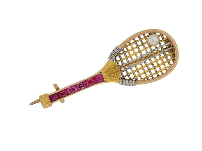 Ruby and pearl tennis racket brooch, circa 1950.  