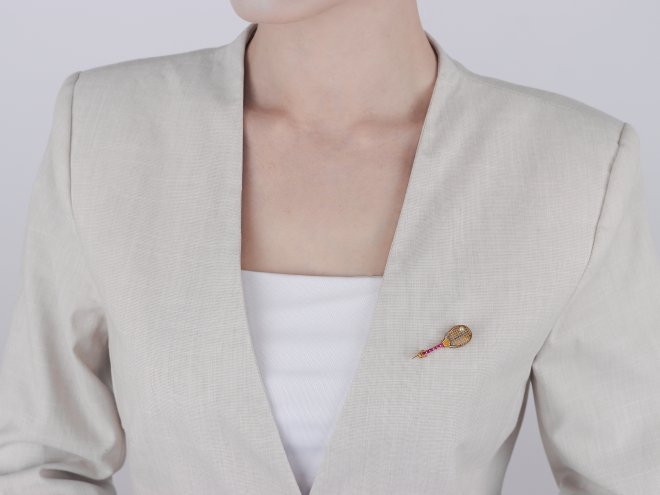 Ruby and pearl tennis racket brooch, circa 1950.  