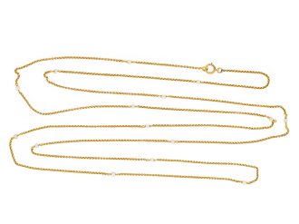 Yellow gold and pearl longuard chain, circa 1900. 
