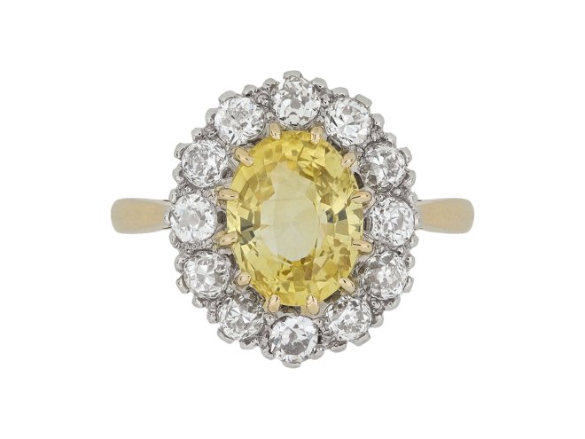 Yellow Ceylon sapphire and diamond coronet cluster ring, circa 1910.