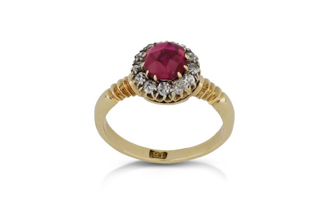 Ruby and diamond coronet cluster ring, circa 1900.