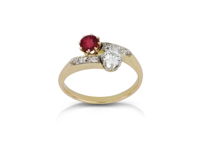 Ruby and diamond crossover ring, circa 1905. 