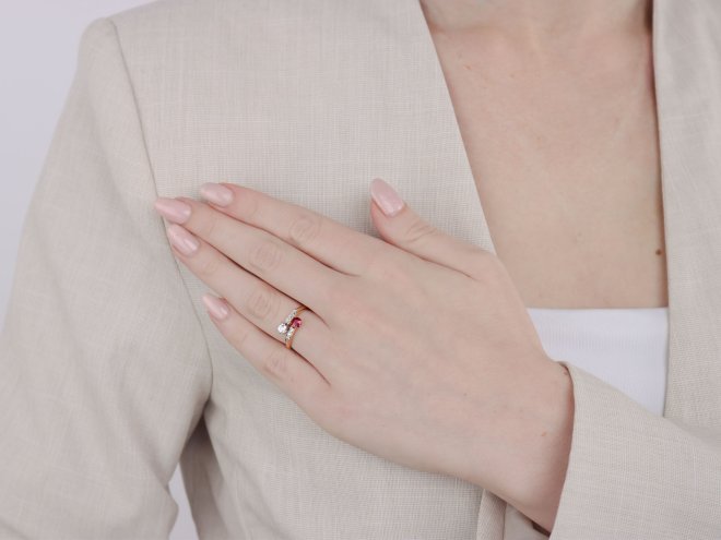 Ruby and diamond crossover ring, circa 1905. 