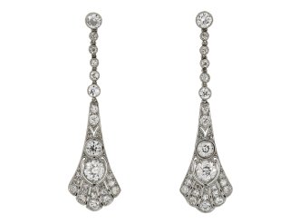 Diamond drop earrings, circa 1920. 