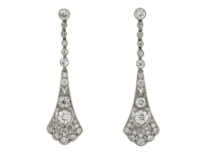 Diamond drop earrings, circa 1920. 