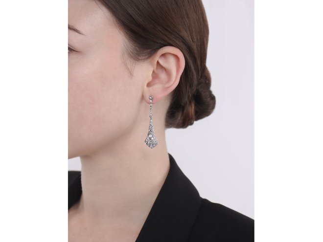 Diamond drop earrings, circa 1920. 