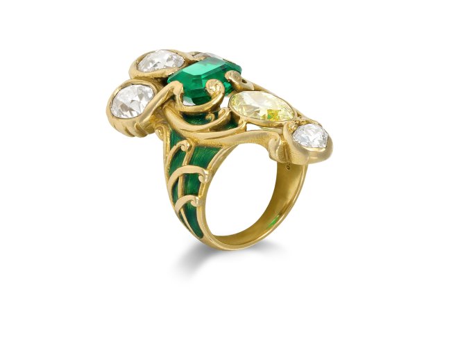 Marcus and Co. emerald and yellow diamond ring, American, circa 1895.