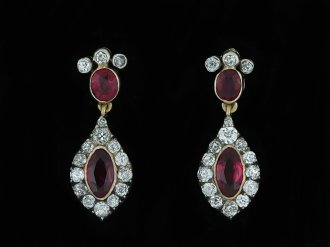 Burmese ruby and diamond drop earrings, circa 1860.