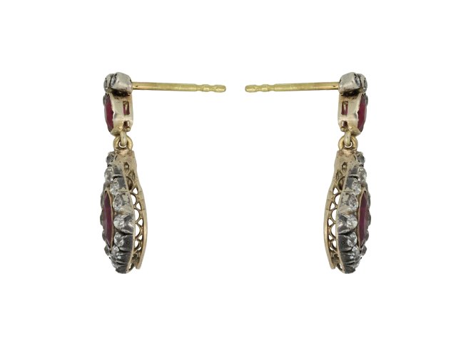 Burmese ruby and diamond drop earrings, circa 1860.