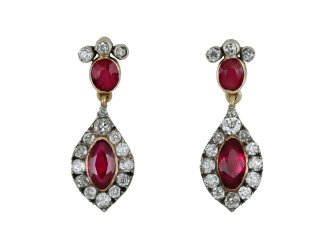 Burmese ruby and diamond drop earrings, circa 1860.