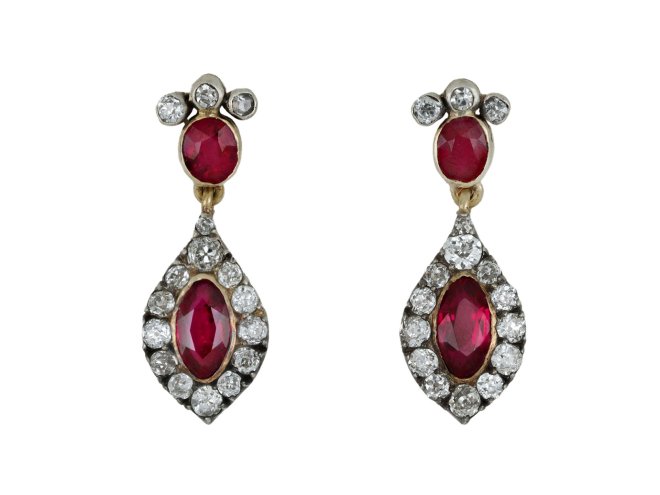 Burmese ruby and diamond drop earrings, circa 1860.