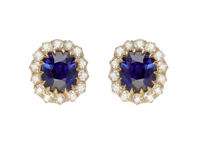 Sapphire and diamond cluster earrings, circa 1900.