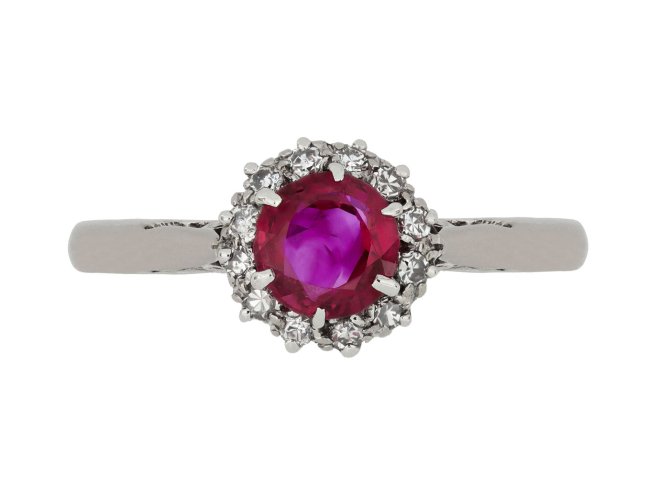 Ruby and diamond coronet cluster ring, circa 1940.