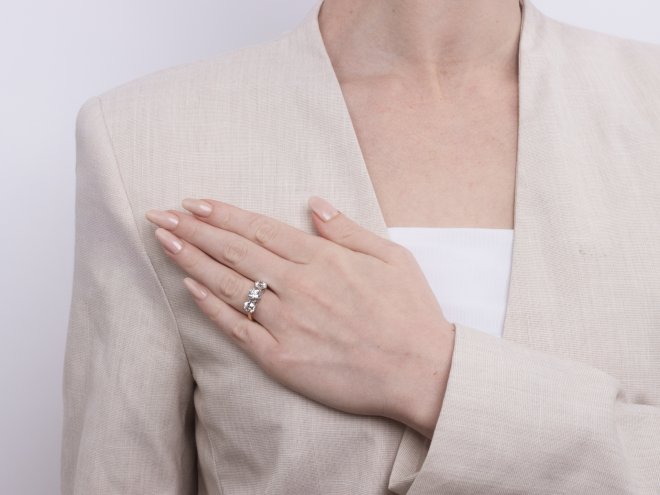 Old cut diamond three stone ring, circa 1910. 