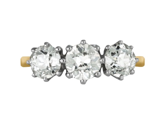 Old cut diamond three stone ring, circa 1950