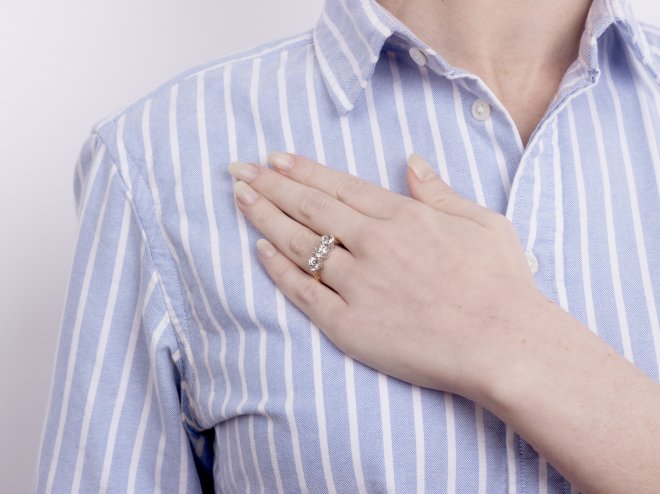 Old cut diamond three stone ring, circa 1950