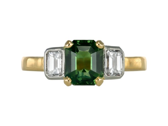 Green sapphire and diamond ring. 