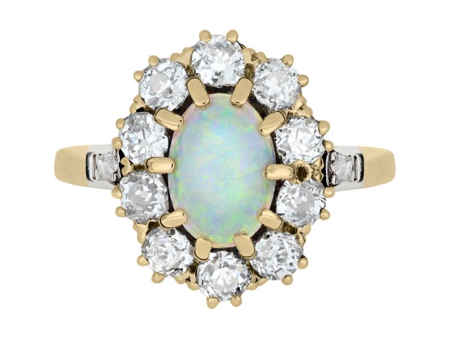 Opal and diamond coronet cluster ring, circa 1900.