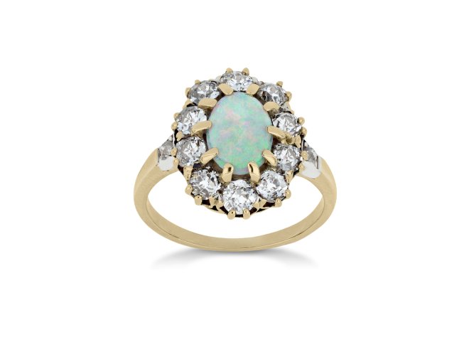 Opal and diamond coronet cluster ring, circa 1900.