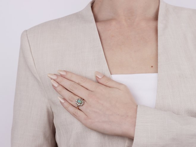 Opal and diamond coronet cluster ring, circa 1900.
