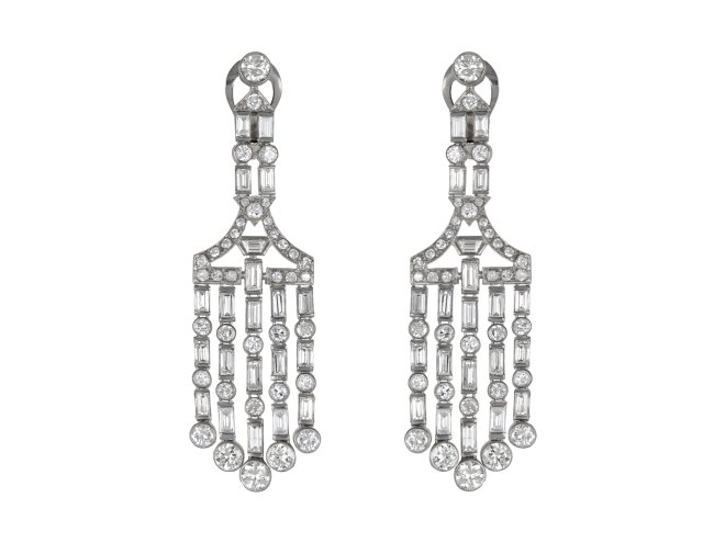 Art Deco chandelier diamond drop earrings, circa 1920. 