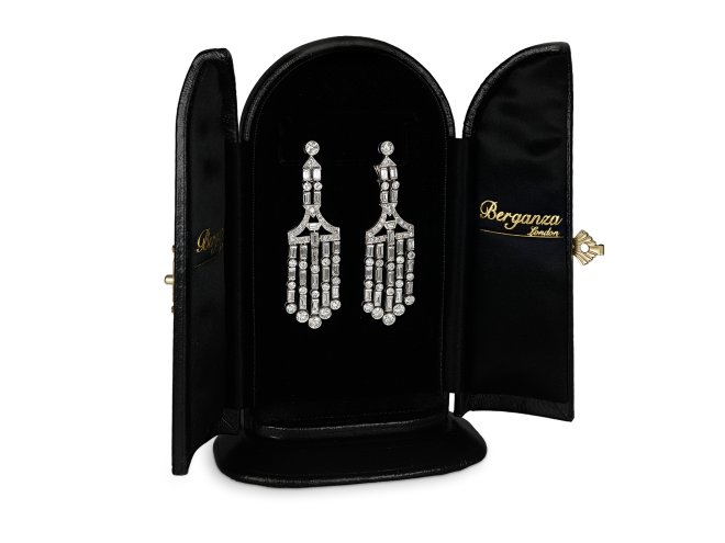 Art Deco chandelier diamond drop earrings, circa 1920. 