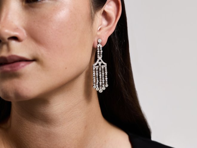 Art Deco chandelier diamond drop earrings, circa 1920. 