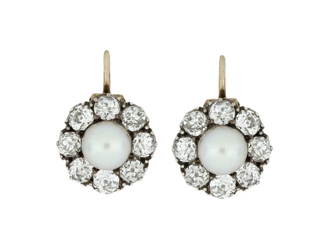 Natural pearl and diamond cluster earrings, circa 1880.