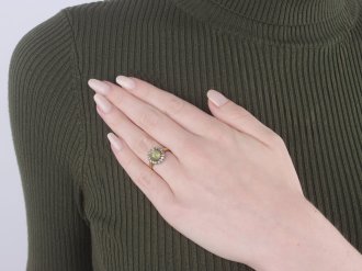 Cat's eye chrysoberyl and diamond coronet cluster ring, English, circa 1880.