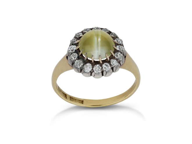 Cat's eye chrysoberyl and diamond coronet cluster ring, circa 1880.