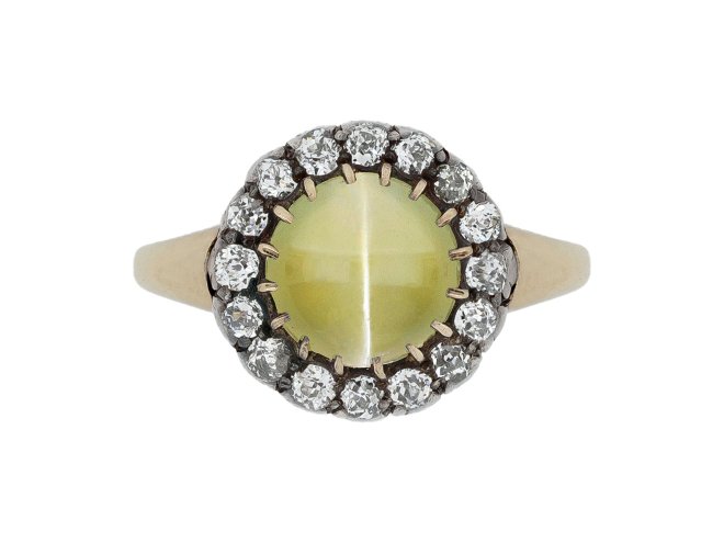 Cat's eye chrysoberyl and diamond coronet cluster ring, circa 1880.