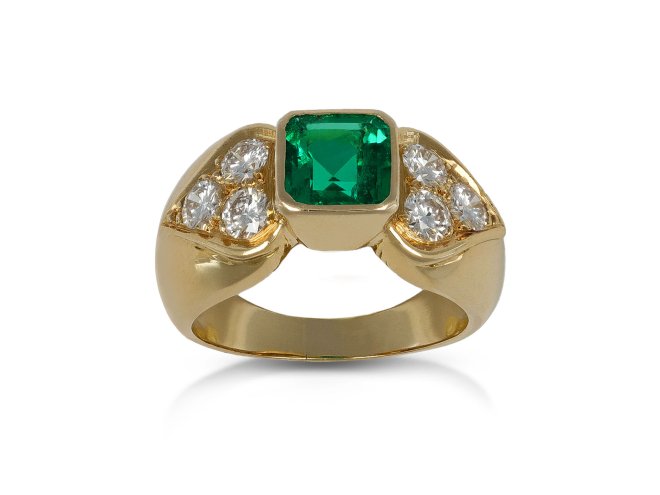 Colombian emerald and diamond ring, French, circa 1970.